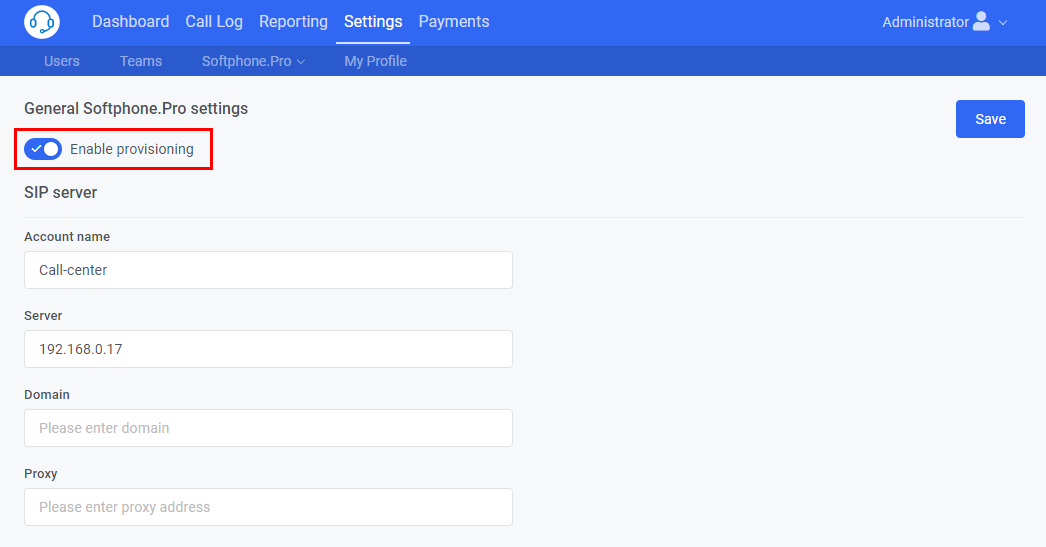 Enable provisioning Softphone.Pro