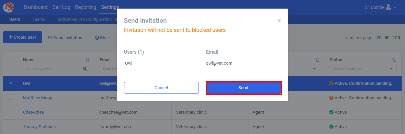 Send invitation to user