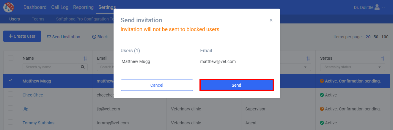 Send invitation to user