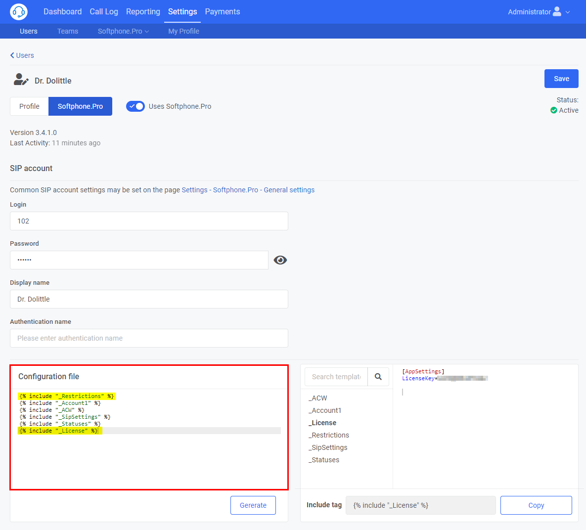 System template in config file
